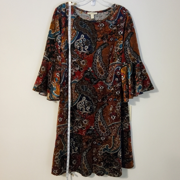 NWT!Prelude 1X Velvet Coffee Paisley/Floral Flared Sleeve Shift Dress Scoopneck - Picture 3 of 10